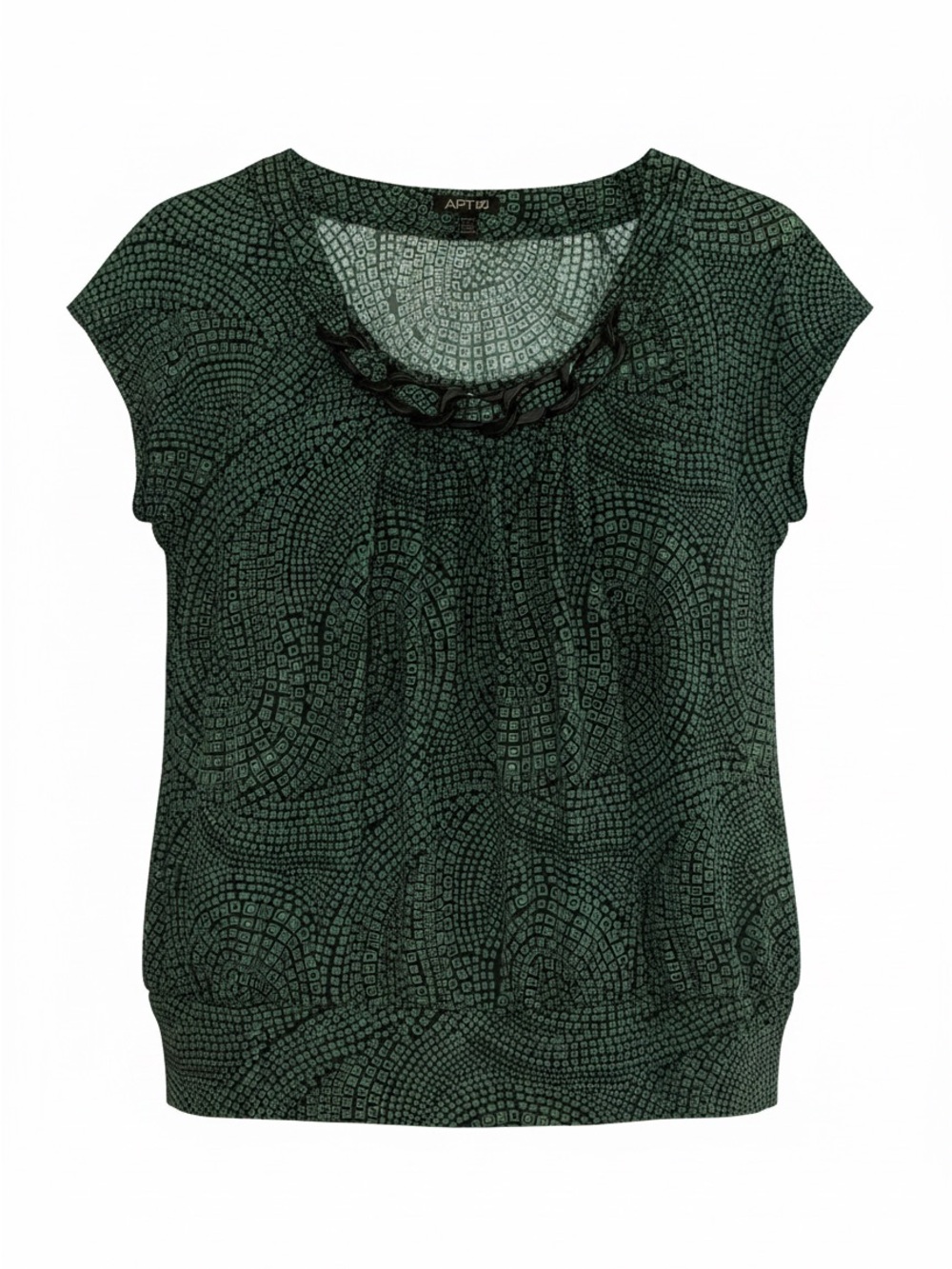 Apt. 9 Dark Green Patterned Short-Sleeve Top with Chain Detail
